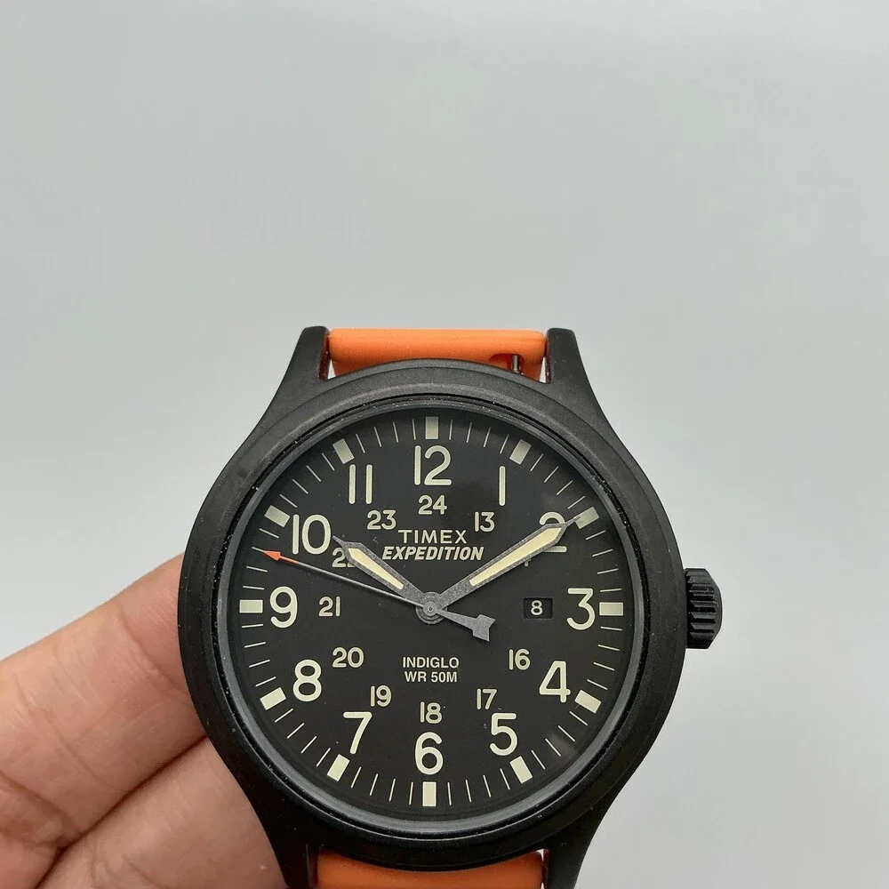 Timex Expedition Mens Watch 43mm Black Dial Orange Silicone Indiglo Date WR 50M